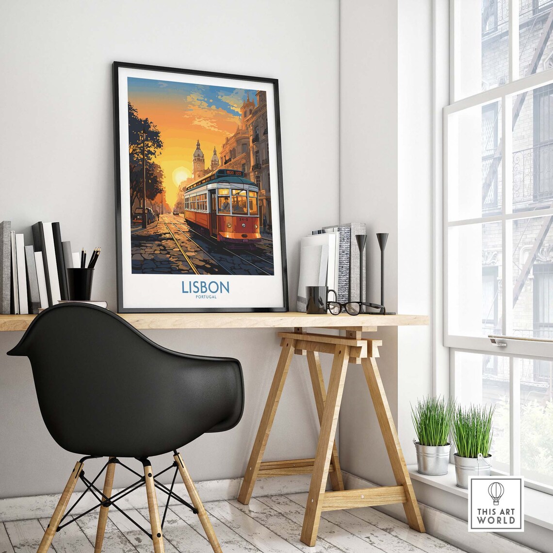 Lisbon Portugal Tram Sunset Cobblestone Street Vintage Travel Poster - Image 4