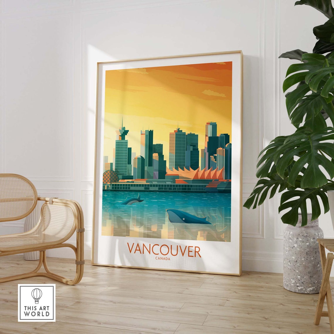 Vancouver Canada Skyline Harbor Whales Sunset Reflection Poster - Image 3