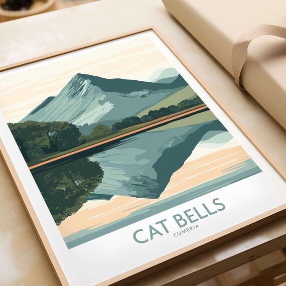 Cat Bells Cumbria Fell Reflection Still Water Vintage Travel Poster