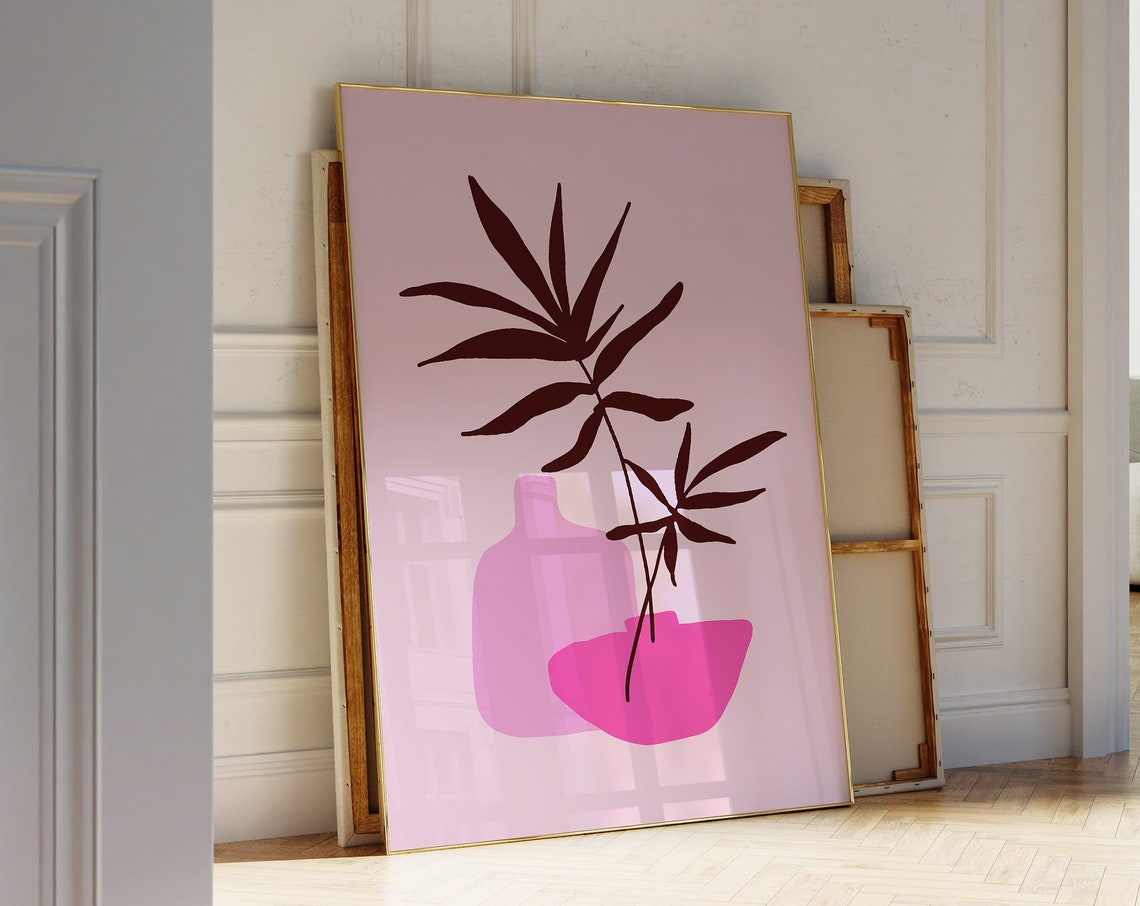 Pink Abstract Vases And Palm Leaves Modern Boho Decor Poster - Image 2