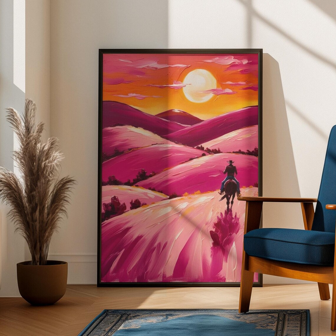 Pink Cowboy Riding into a Magenta Desert Sunset Western Poster