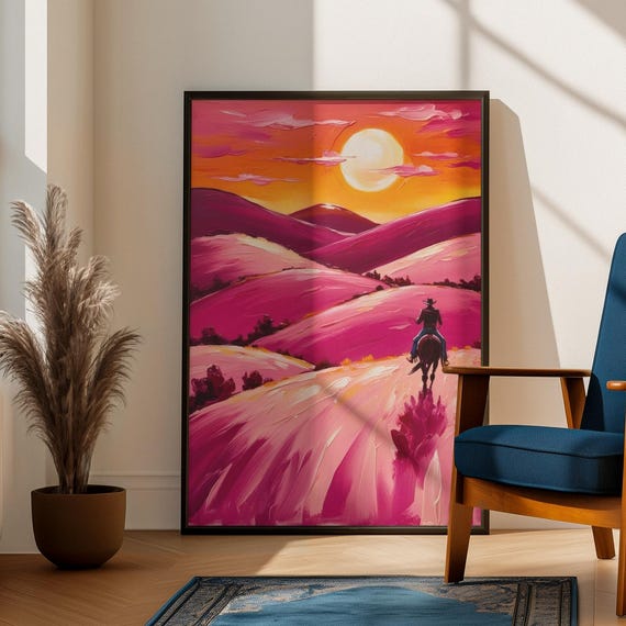 Pink Cowboy Print Western Wall Art Rustic Boho Home Decor Southwestern Sunset
