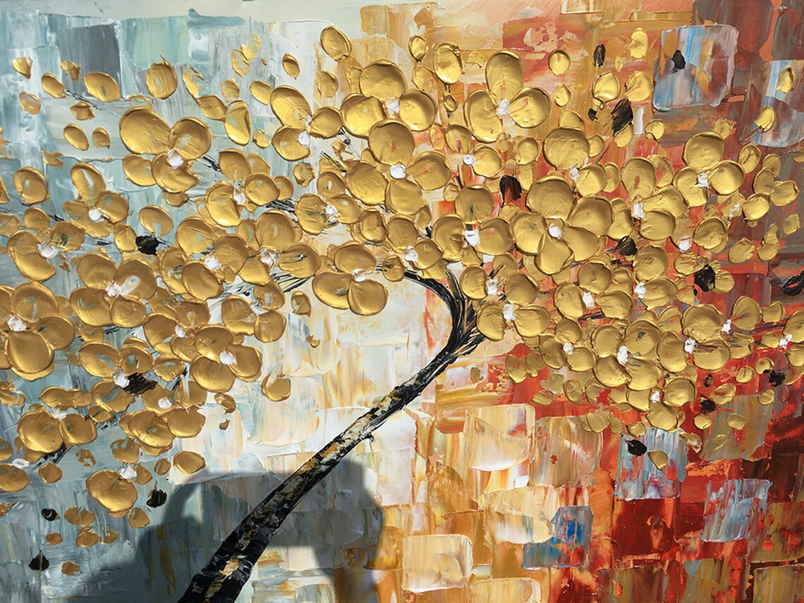 Gold Cherry Blossom Painting, Abstract Floral Art Print - Image 2