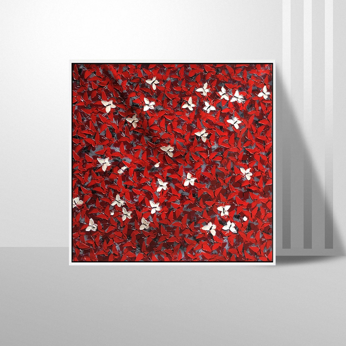 Red White Butterfly Swarm Abstract Impasto Texture Square Poster - Image 3