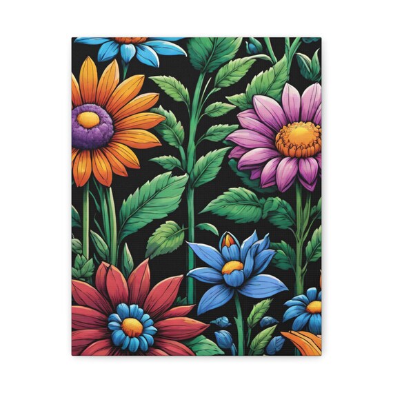 Bright Neon Daisy Flowers on Black Botanical Colorful Wall Poster