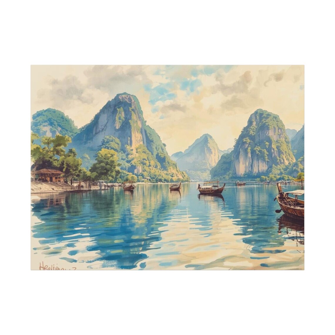 Limestone Bay Boats Tropical Karst Mountain Watercolor Poster