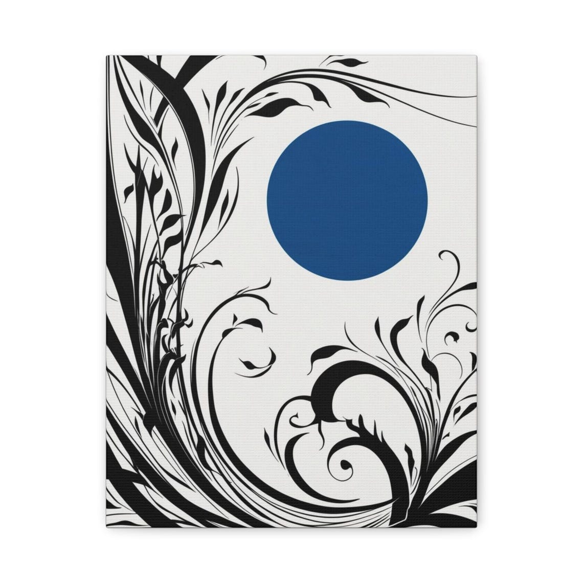 Blue Circle Moon Black Botanical Swirls Abstract Floral Art Poster