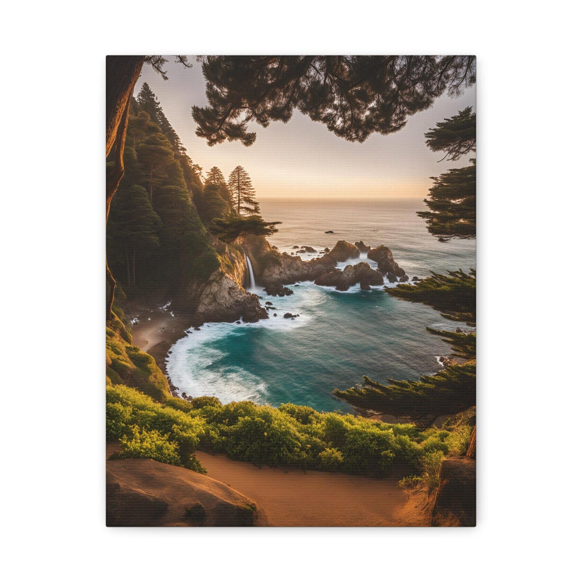 Waterfall Spilling onto Turquoise Ocean Cove at Golden Hour Art Poster