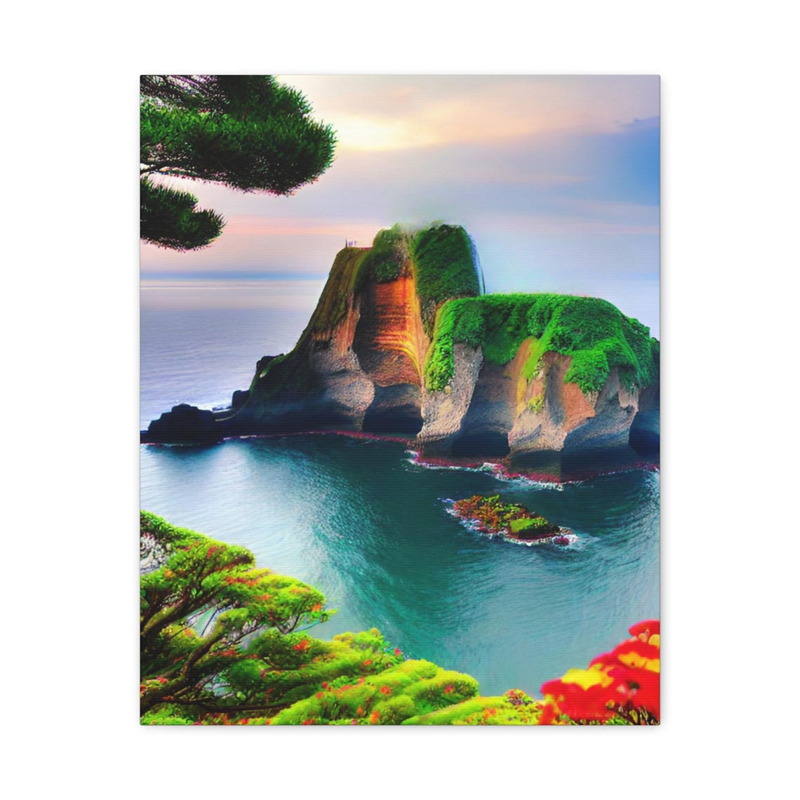 Coastal Sea Cliffs Green Island Landscape Sunset Ocean Poster