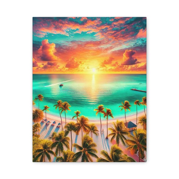 Tropical Beach Sunset Over Palm Trees Aerial View Wall Poster