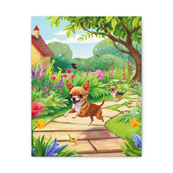 Happy Chihuahua Puppies Playing in Blooming Flower Garden Poster