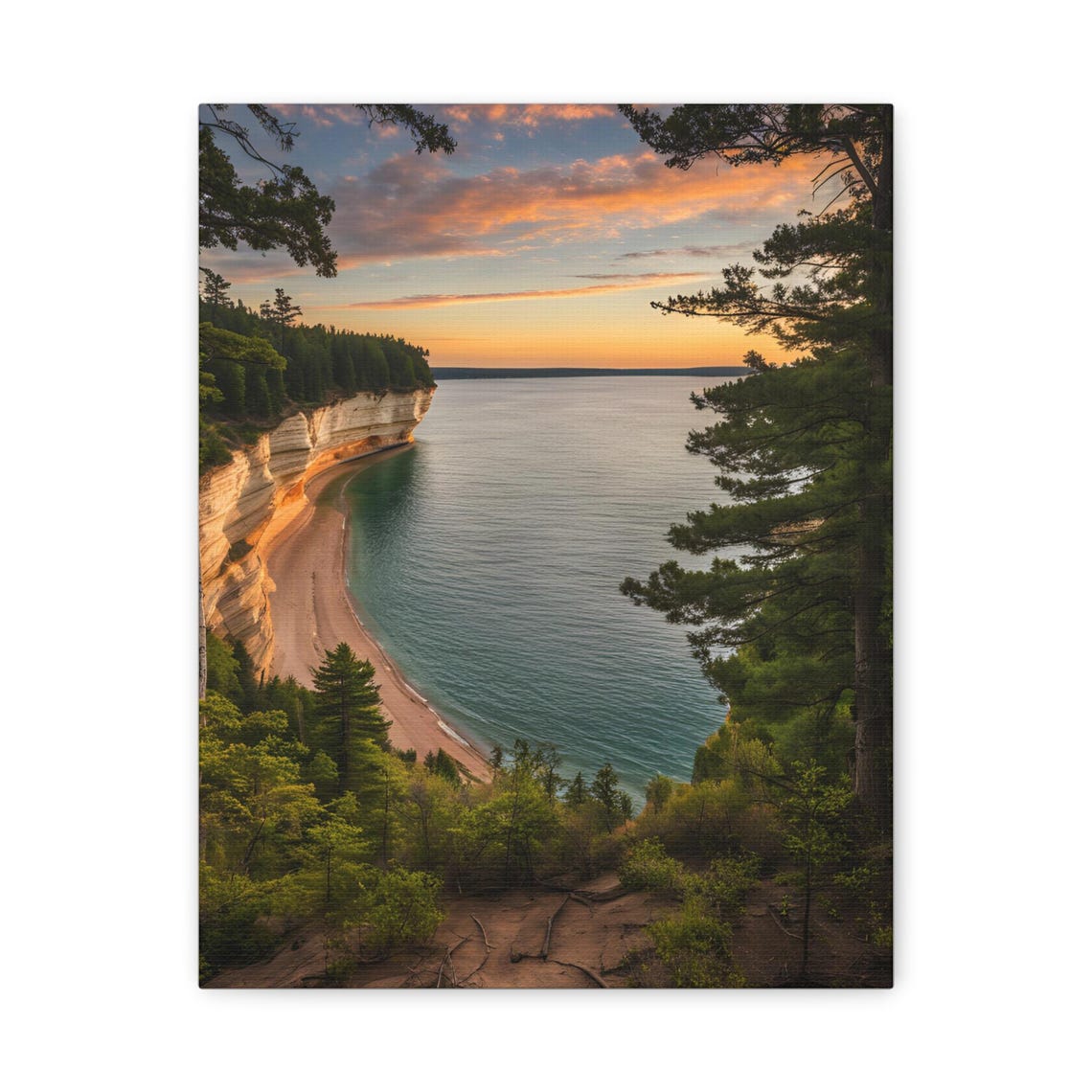 Sunset Coastal Cliffs Pine Forest Calm Lake Landscape Scenic Print