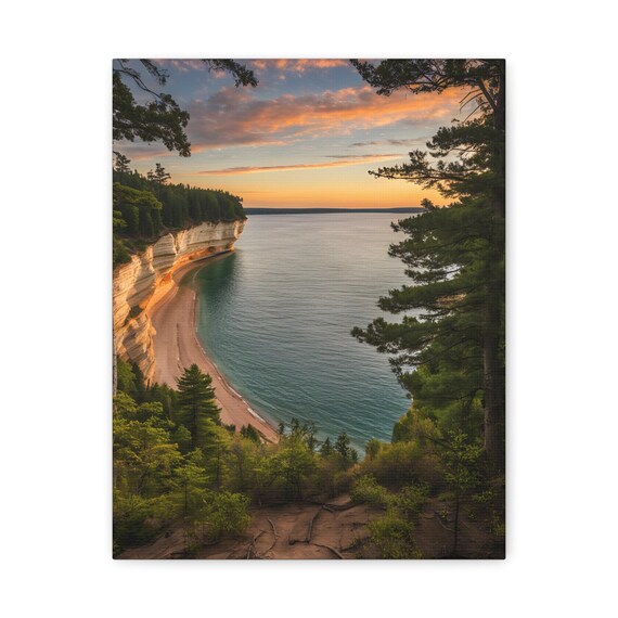 Sunset Coastal Cliffs Pine Forest Calm Lake Landscape Scenic Print