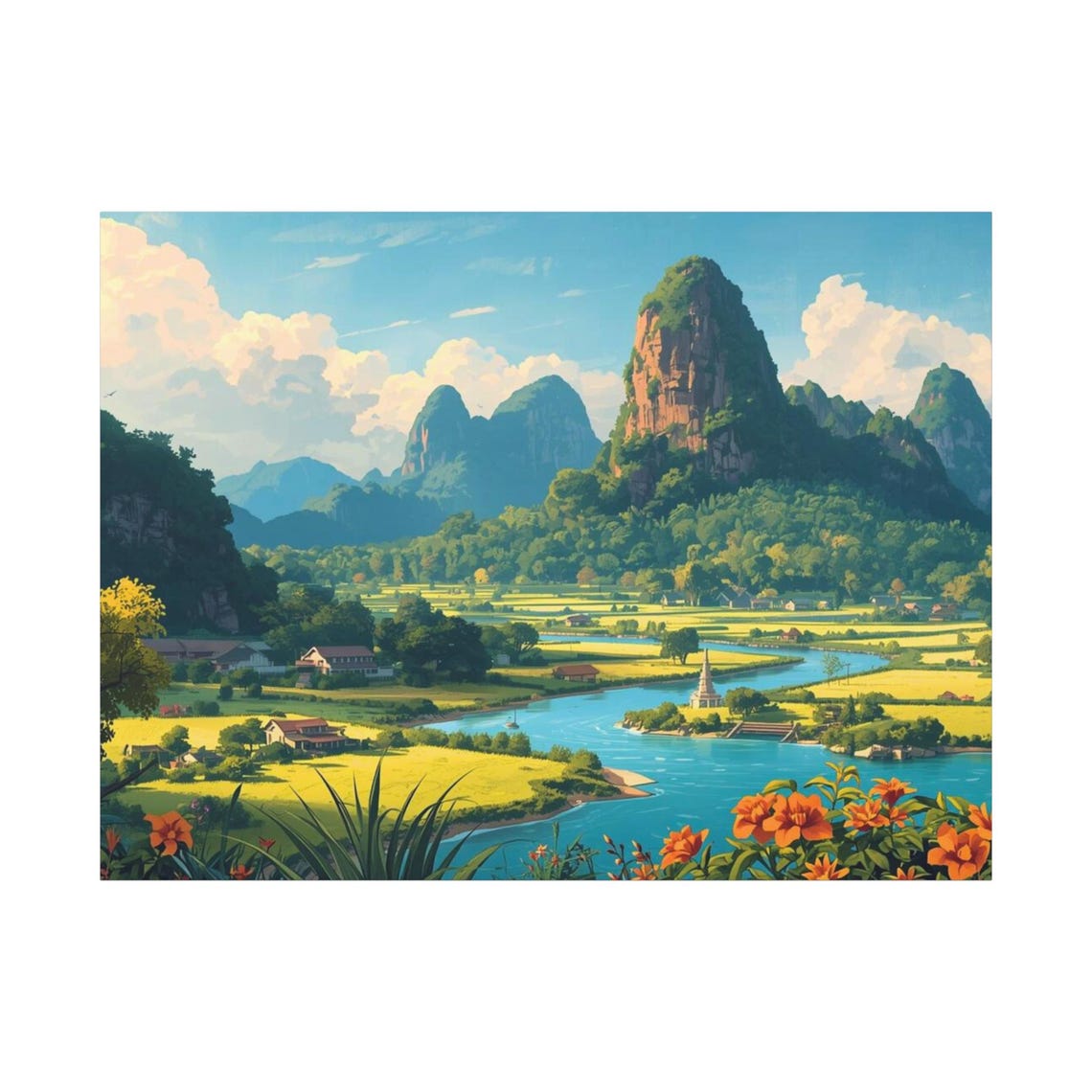 Green Karst Mountain River Village Scenic Valley Landscape Poster