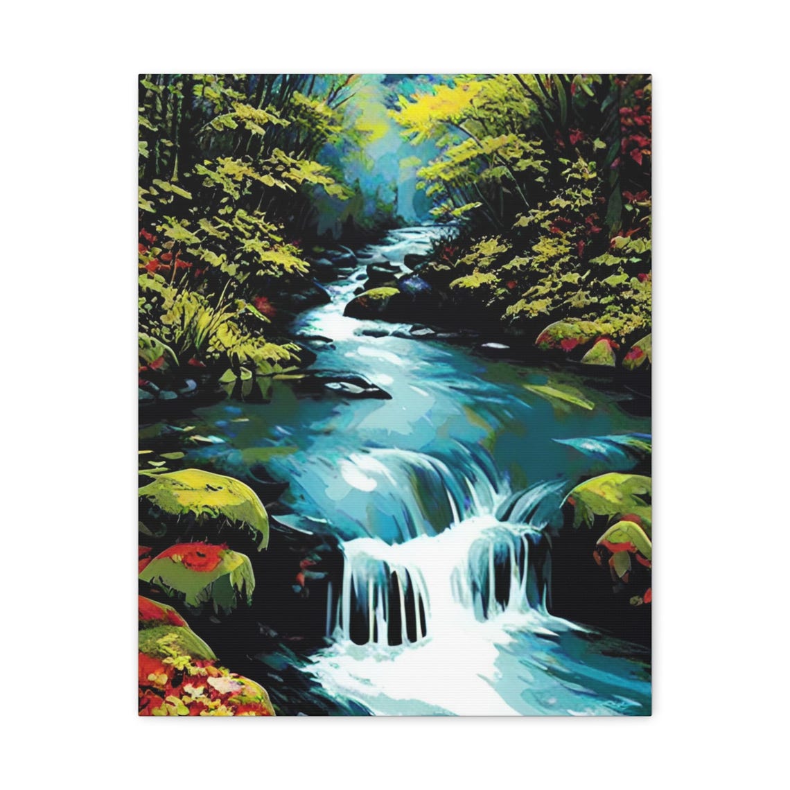 Vibrant Forest Stream Waterfall Mossy Rocks Nature Art Poster