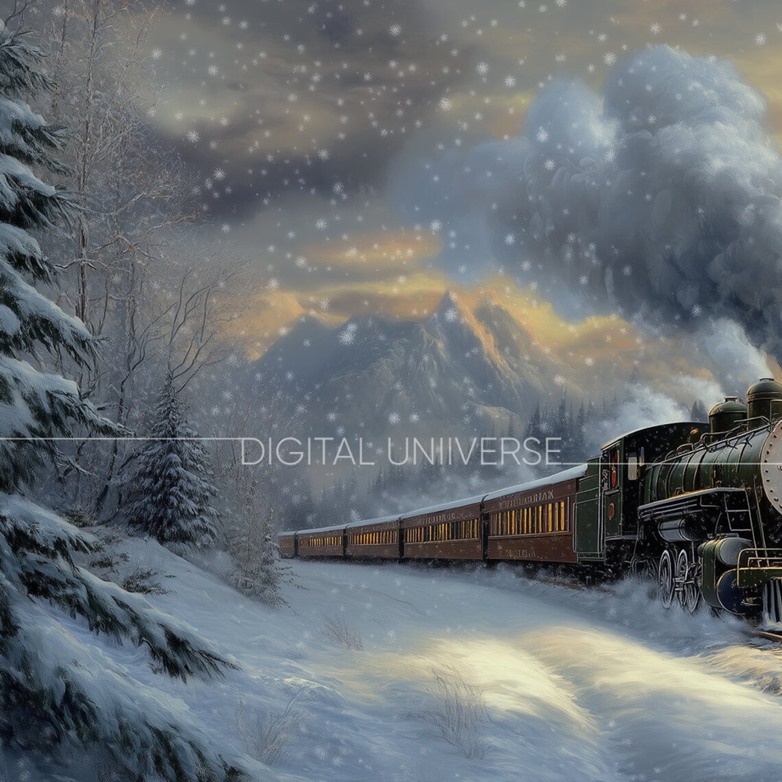 Steam Locomotive Snowy Night Forest Vintage Train Christmas Poster - Image 3
