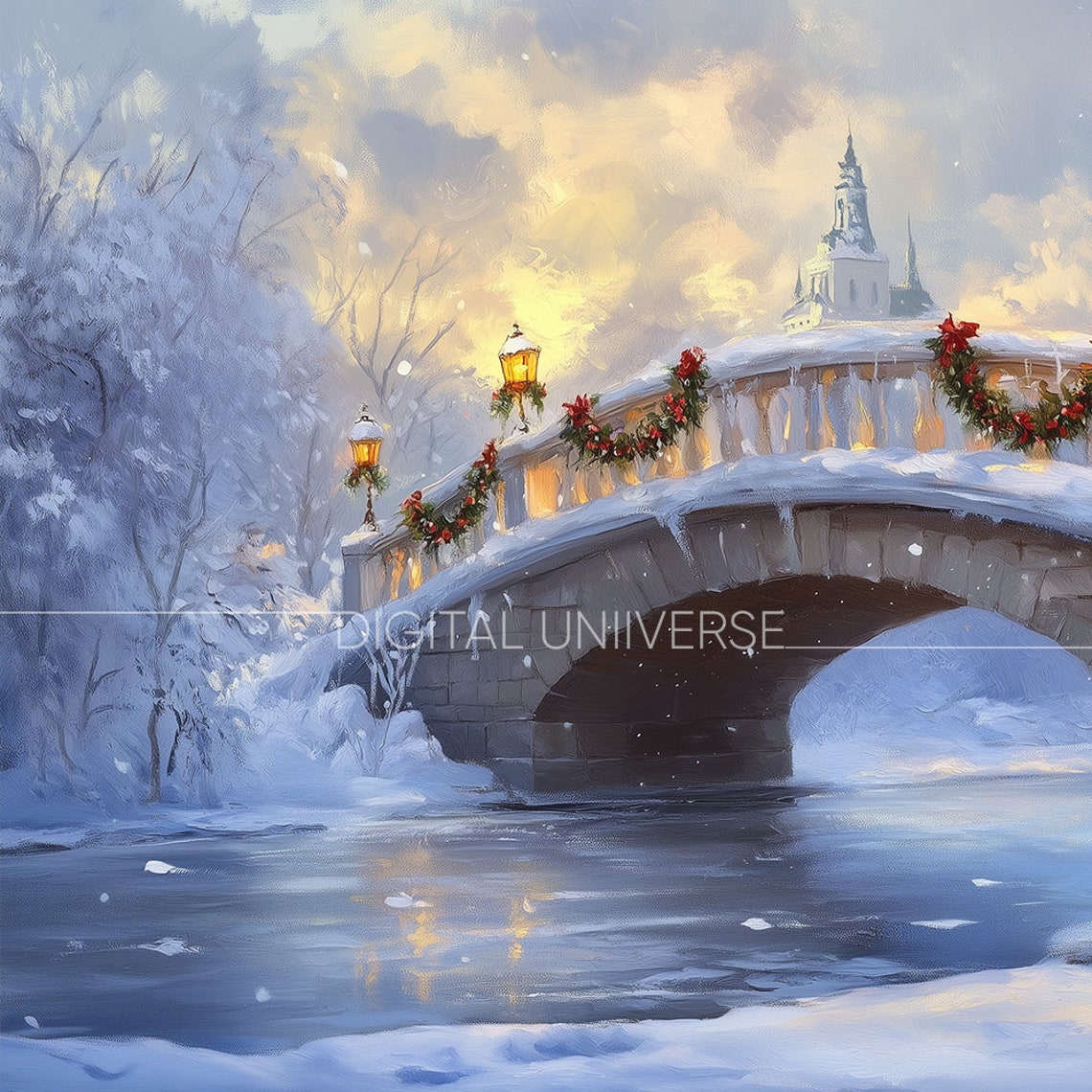Snowy Stone Bridge with Christmas Garlands Glowing Winter Night Poster - Image 4