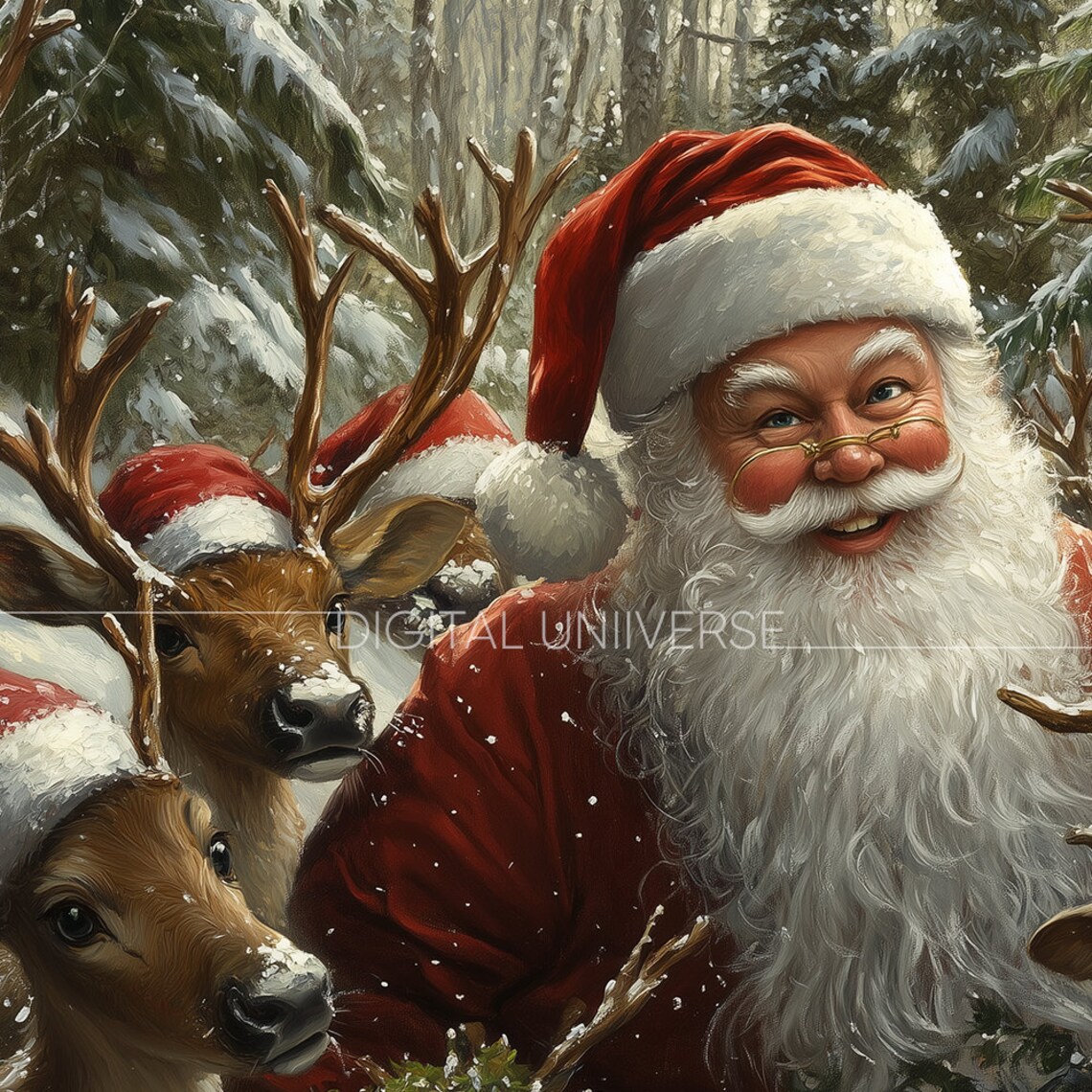 Santa Claus Selfie with Reindeer in Hats Festive Christmas Poster - Image 3