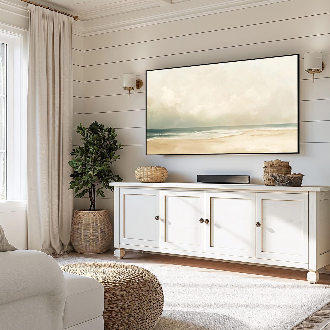 Calm Beige Beach Gentle Waves Minimalist Seascape Art Wall Art - Image 6