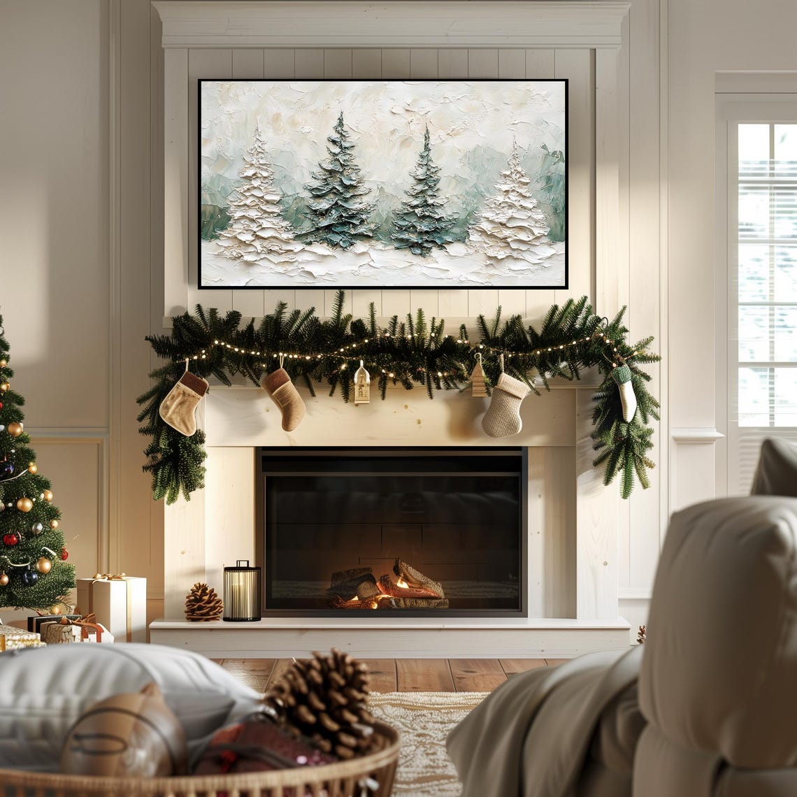 Textured Impasto Snowy Pine Trees Winter Painting Scenic Wall Art - Image 7