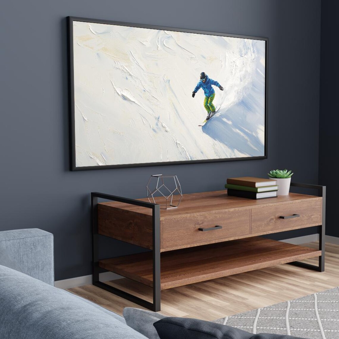 Snowboarder Carving Down Powder Slope Impasto Oil Painting Poster - Image 5