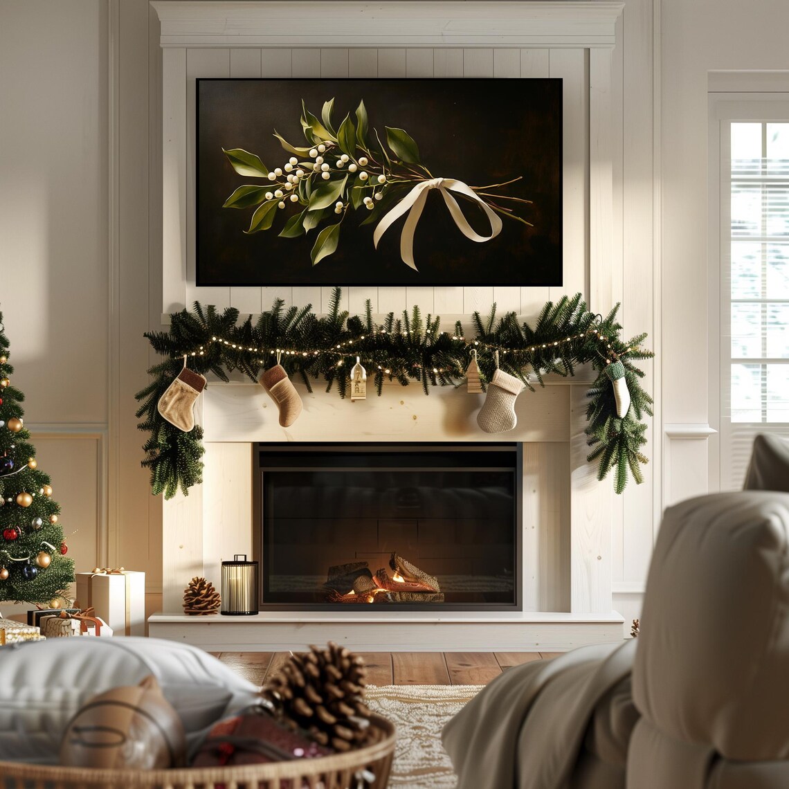 Mistletoe with White Berries and Satin Bow Vintage Christmas Wall Art - Image 7