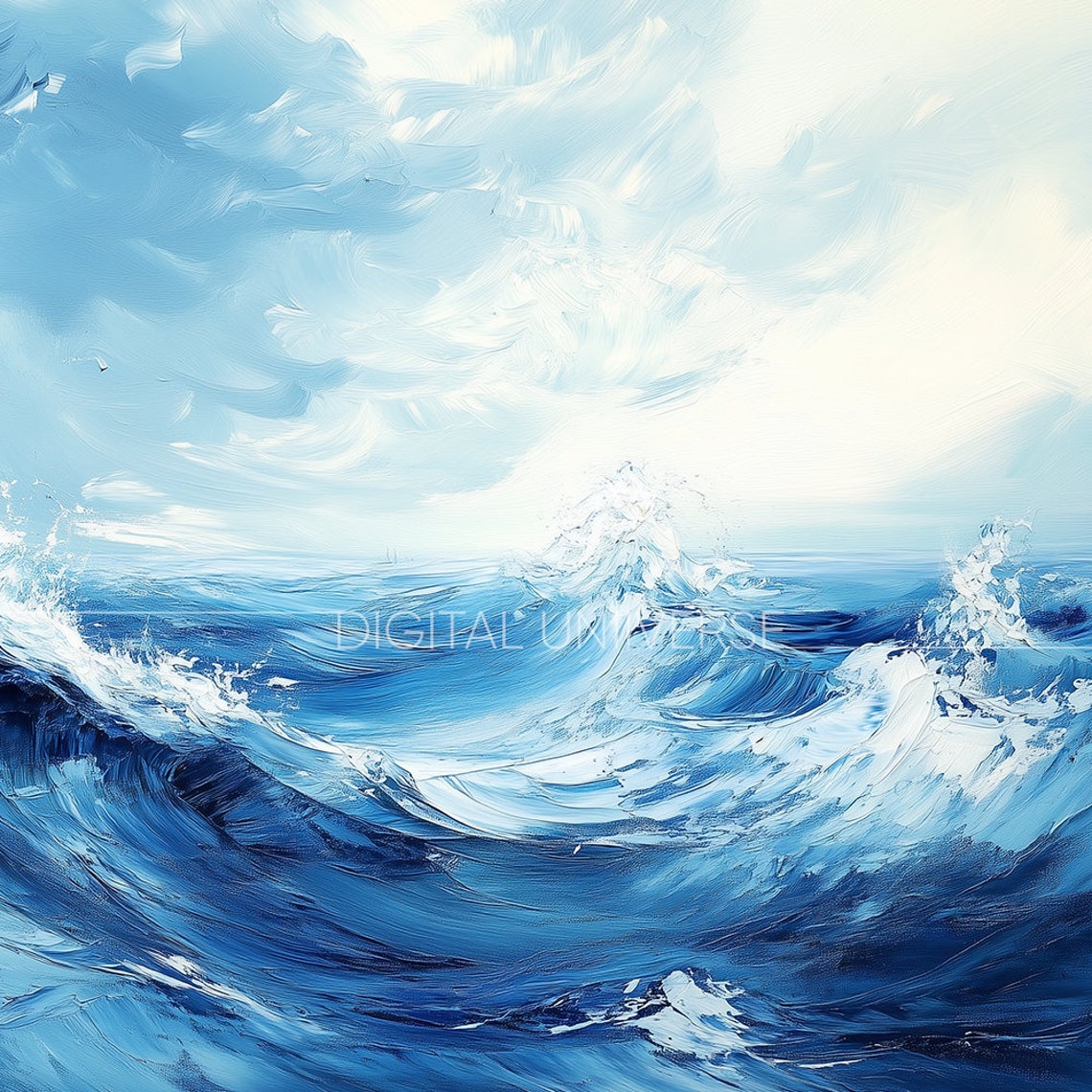 Dramatic Blue Ocean Waves Crashing Stormy Sea Painting Wall Art - Image 7