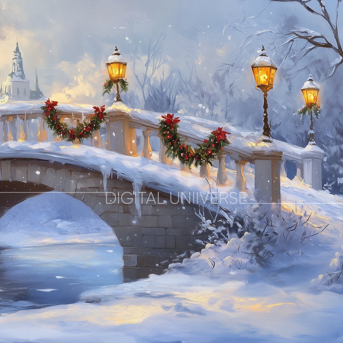 Snowy Stone Bridge with Christmas Garlands Glowing Winter Night Poster - Image 3