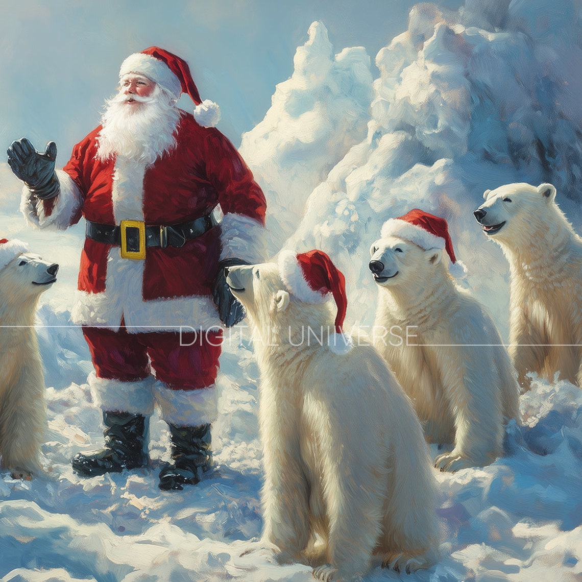 Santa Claus Polar Bears Santa Hats Snowy Arctic Christmas Poster - Image 3