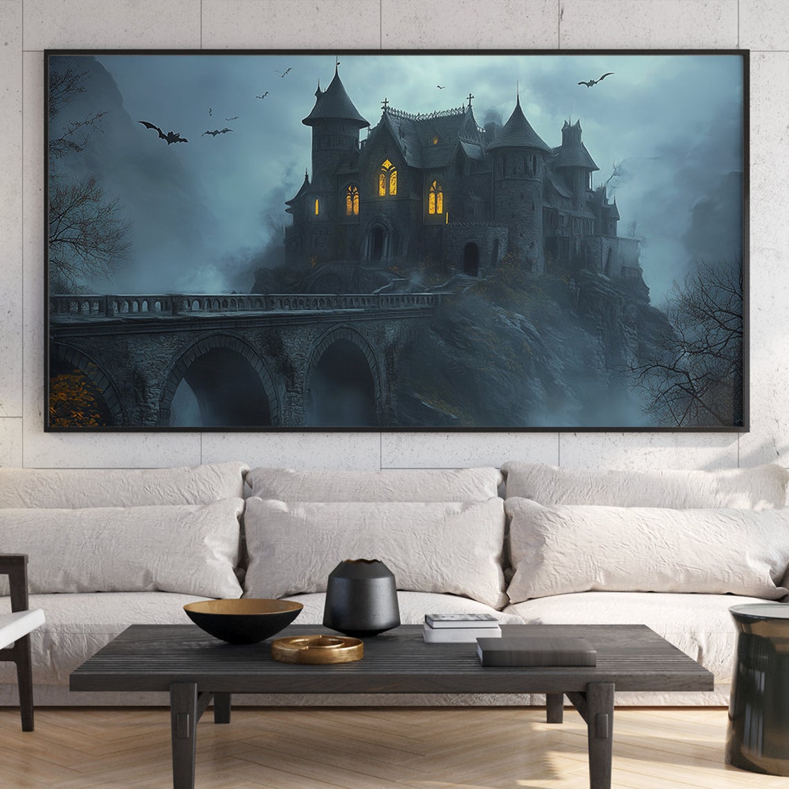 Gothic Haunted Castle on Cliff Moody Nightmare Halloween Wall Art - Image 7