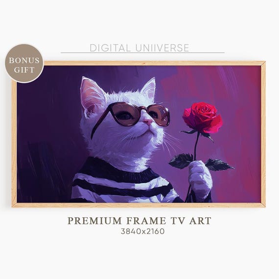 Frame Tv Art Valentines Day Cute White Cat With A Rose With Glasses Instant Valentines Frame Tv Art