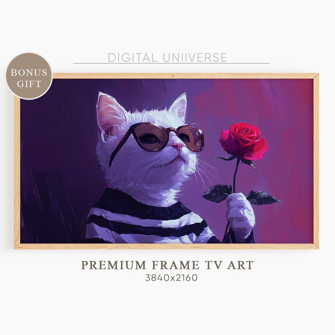Frame Tv Art Valentines Day Cute White Cat With A Rose With Glasses Instant Valentines Frame Tv Art