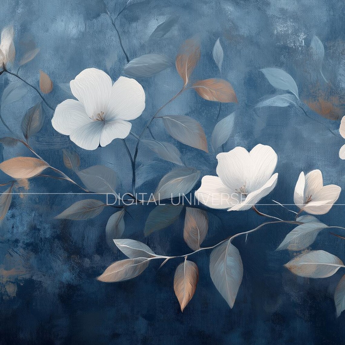 White Flowers on Deep Navy Blue Moody Floral Painting Wall Art - Image 3