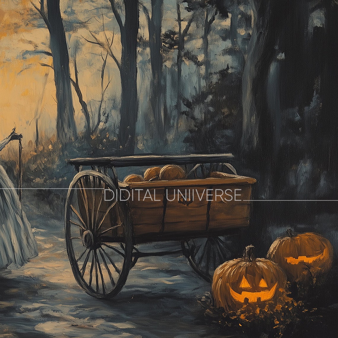 Woman Gray Gown Pumpkin Cart Moonlit Forest Jack O Lanterns Poster - Image 3