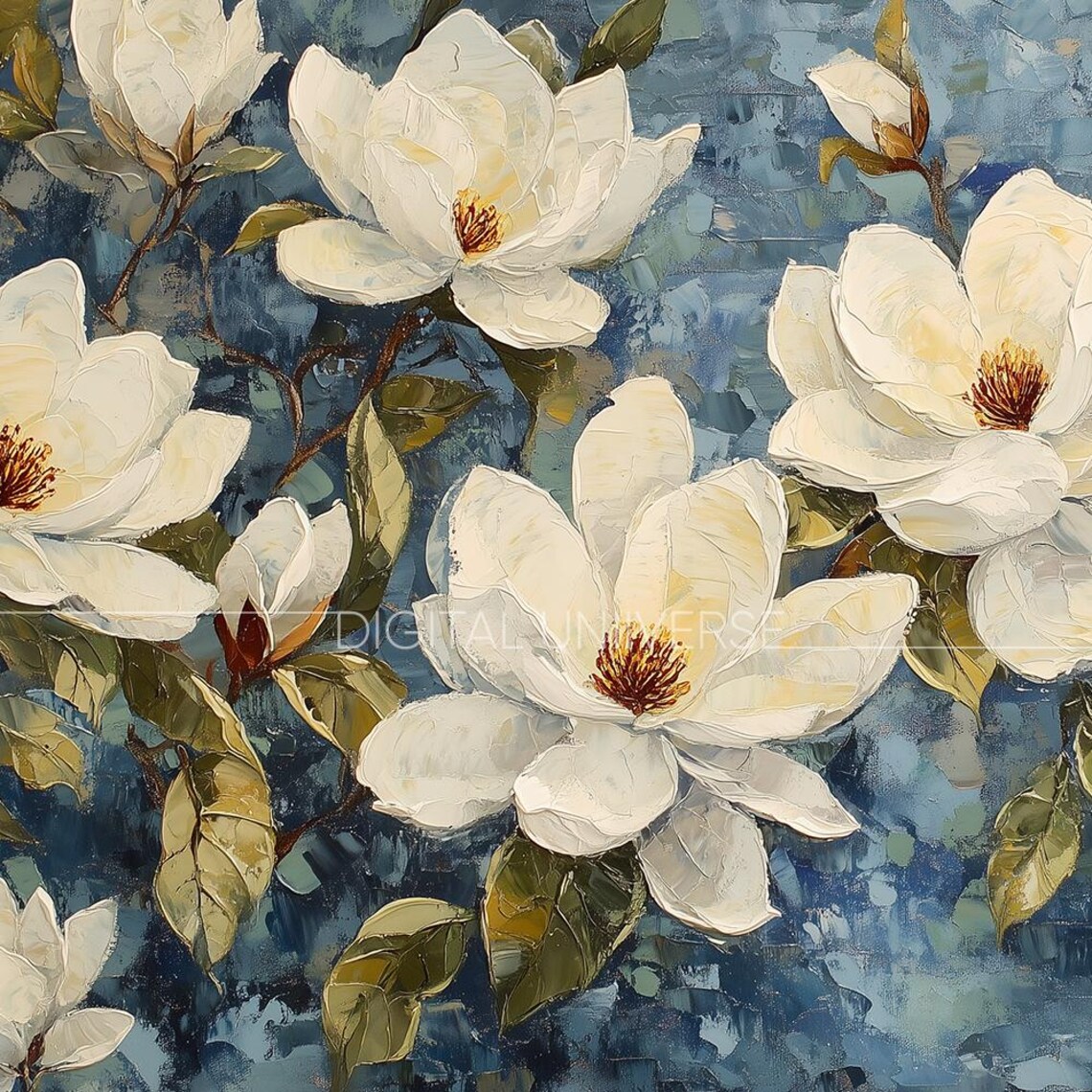 White Magnolias on Blue Impasto Textured Floral Art Wall Art - Image 3