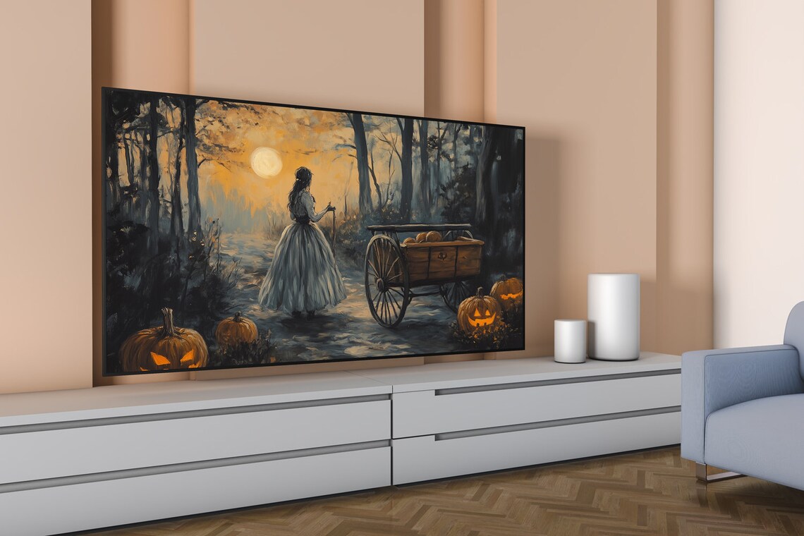 Woman Gray Gown Pumpkin Cart Moonlit Forest Jack O Lanterns Poster - Image 6