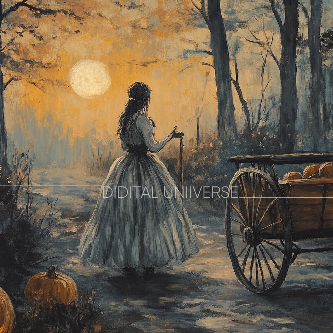 Woman Gray Gown Pumpkin Cart Moonlit Forest Jack O Lanterns Poster - Image 4