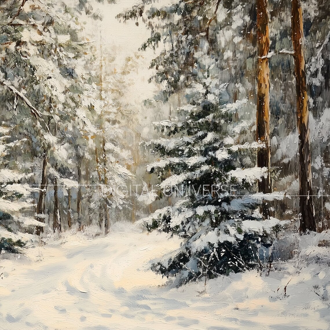 Snowy Forest Path Winter Oil Painting Woodland Trail Wall Art - Image 3