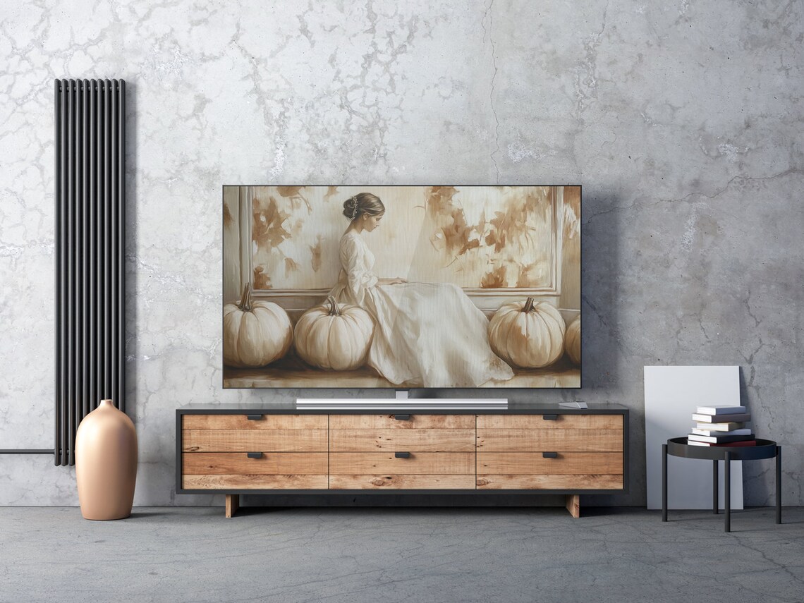 Woman White Gown White Pumpkins Elegant Vintage Autumn Painting Poster - Image 6