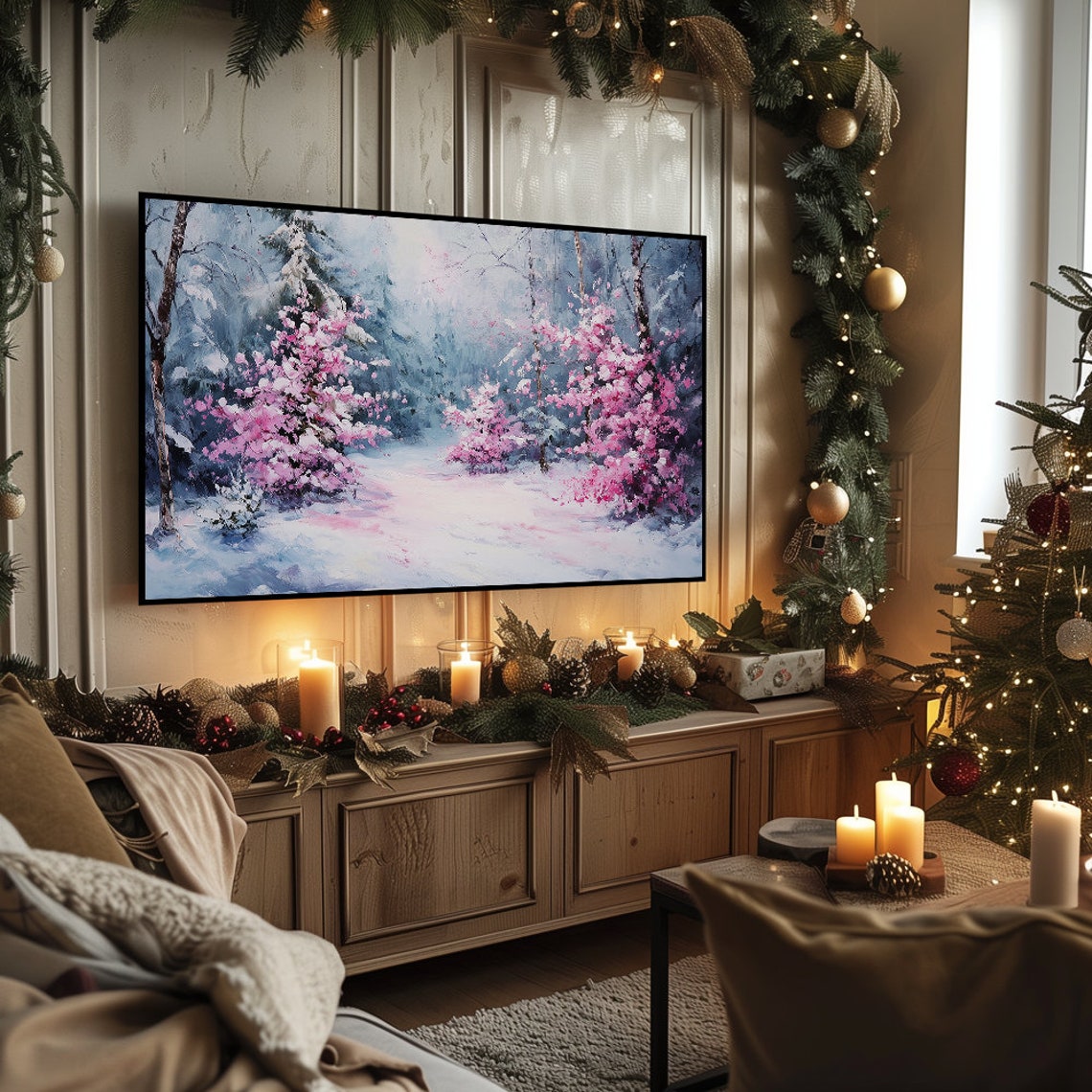 Pink Blossom Bushes Snowy Forest Path Spring Winter Painting Poster - Image 5