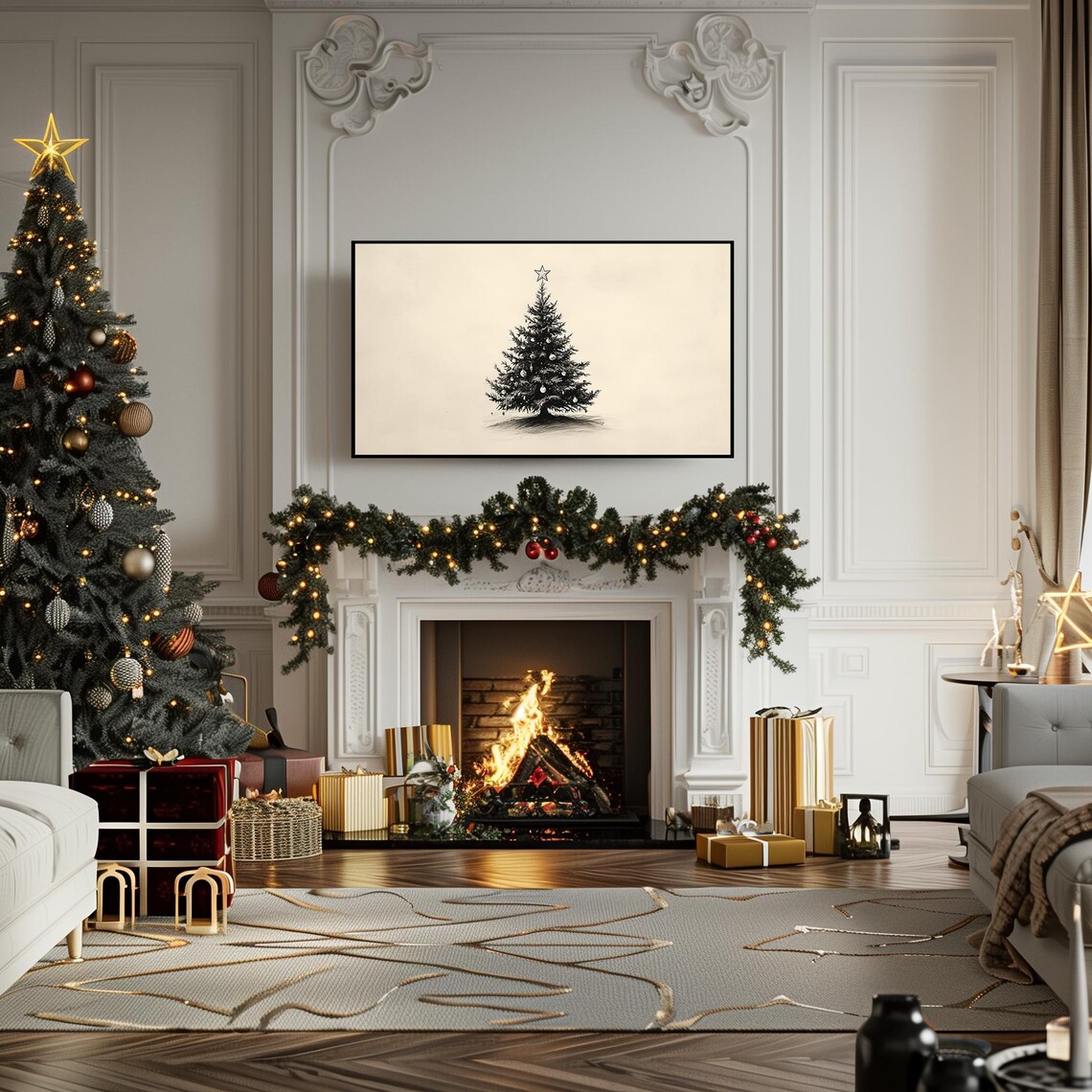 Minimalist Black Christmas Tree Sketch Cream Background Wall Art - Image 5