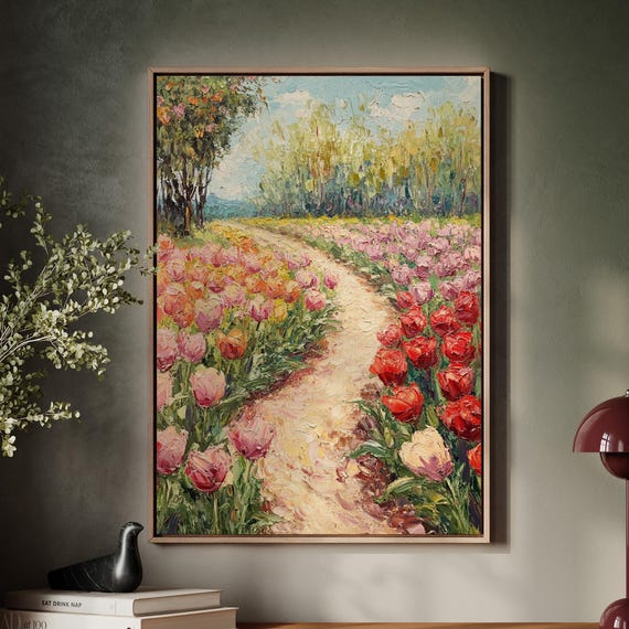 Colorful Tulip Field Pathway, Impressionist Landscape