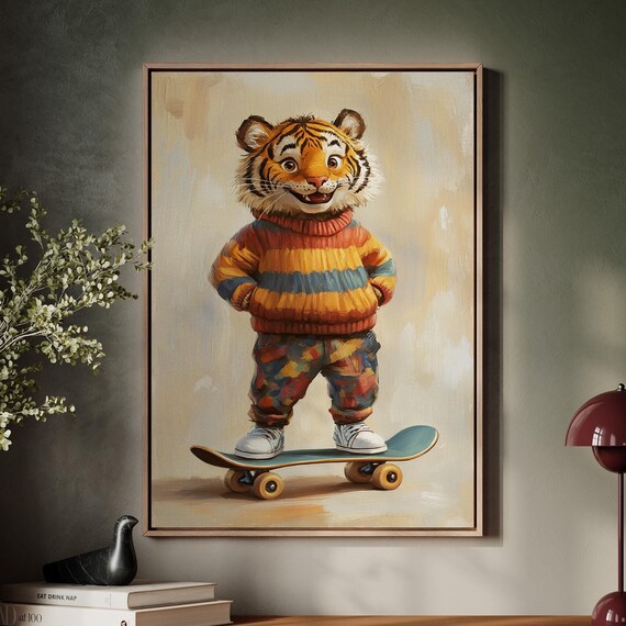 Tiger Cub Striped Sweater Skateboard Whimsical Kids Animal Portrait Poster