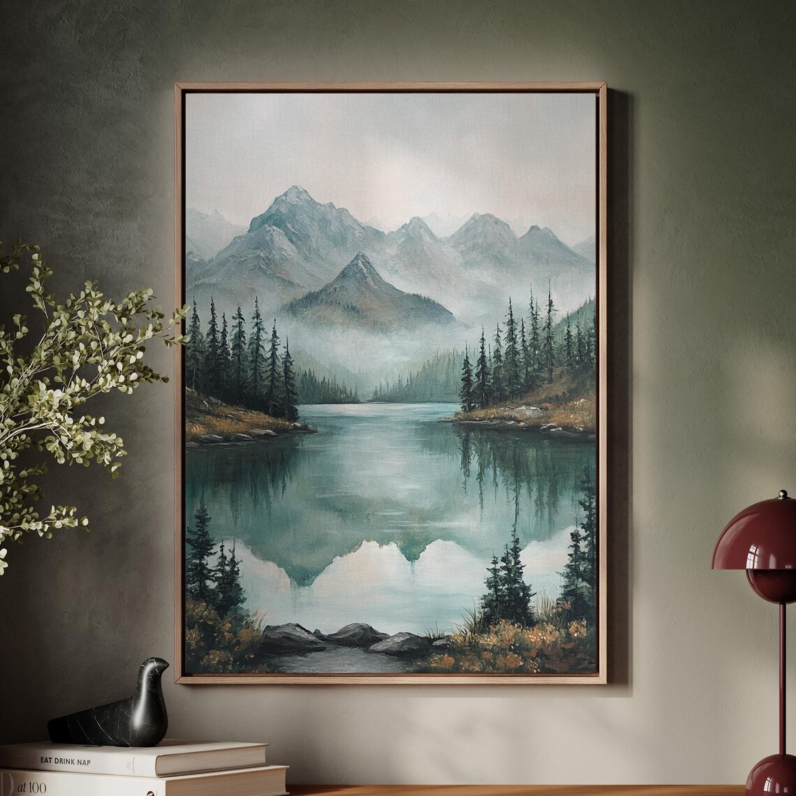 Tranquil Mountain Lake, Misty Forest Landscape Art Print