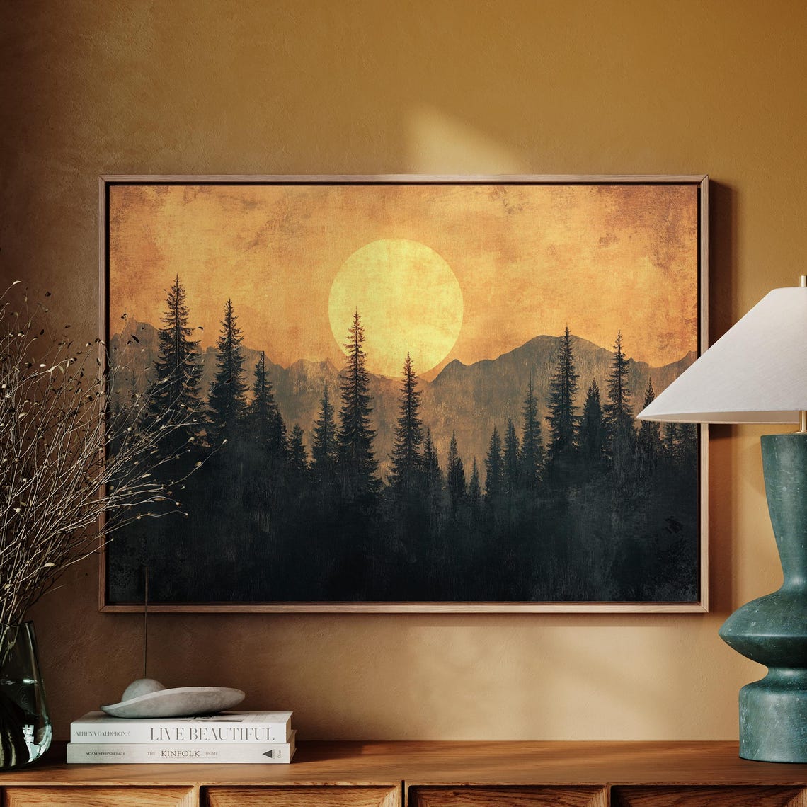 Rustic Sunset Forest Painting Moody Mountain Wall Art Silhouette Pine Trees Warm Nature Print Scenic Wilderness Decor - Image 5