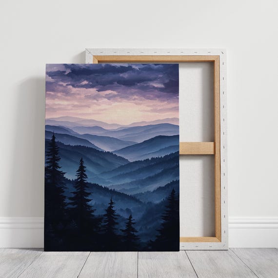 Misty Blue Mountain Print Serene Layered Landscape Tranquil Nature Wall Art Moody Twilight Sky Peaceful Forest Scene
