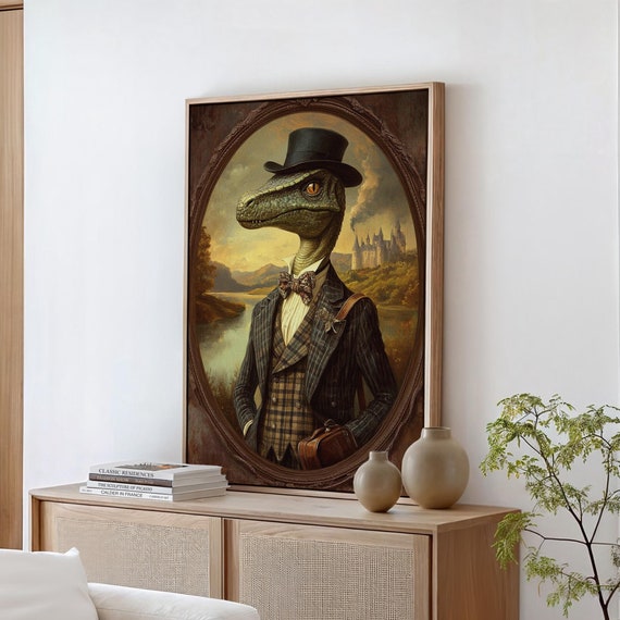 Dashing Dinosaur In Plaid Suit Victorian Style Animal Portrait With Castle Backdrop Wall Art Print