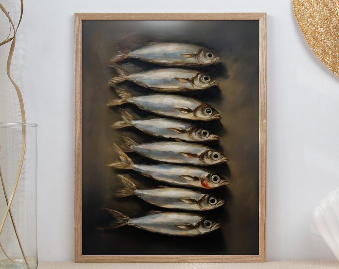 Sardines Oil Painting Dark Moody Fish Still Life Kitchen Wall Art