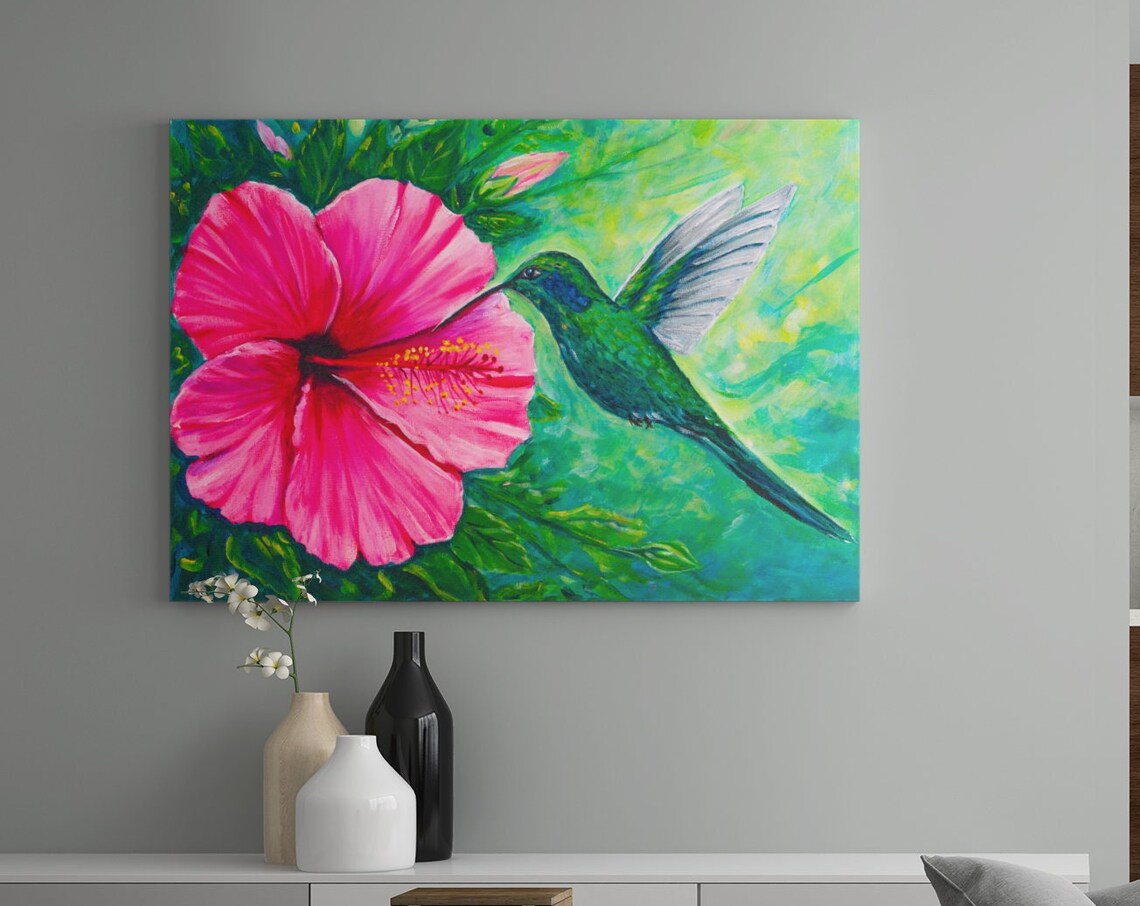Hibiscus Flower Hummingbird Painting Tropical Pink Green Art Poster - Image 2