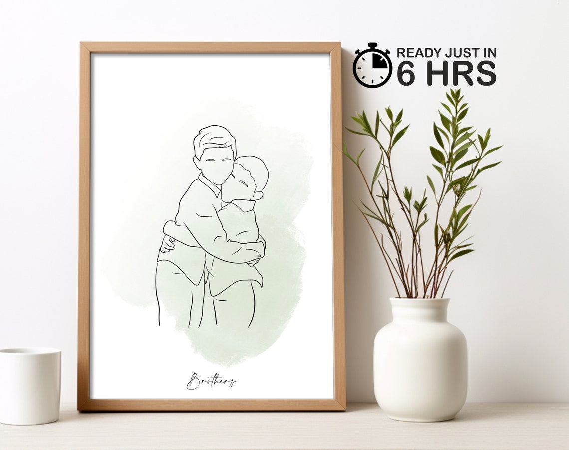 Custom Brothers Hugging Line Art Portrait Poster in Sage Green